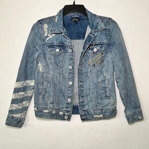 Art‎ Class Kid's Blue Distressed Rockstar Punk Grunge Denim Jacket Stud Guitar M